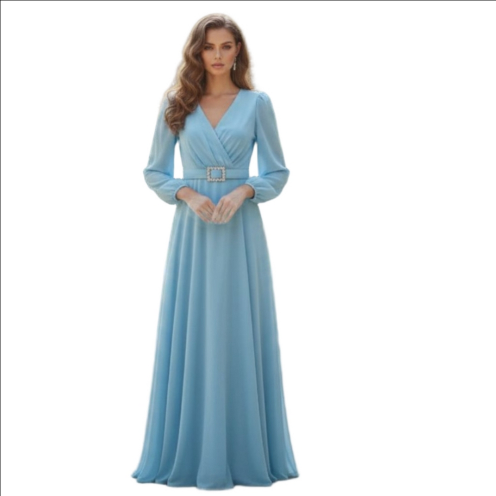 Nwt Miss Ord Light Blue Maxi Dress V-Neck Long Sleeve Buckle Size - S